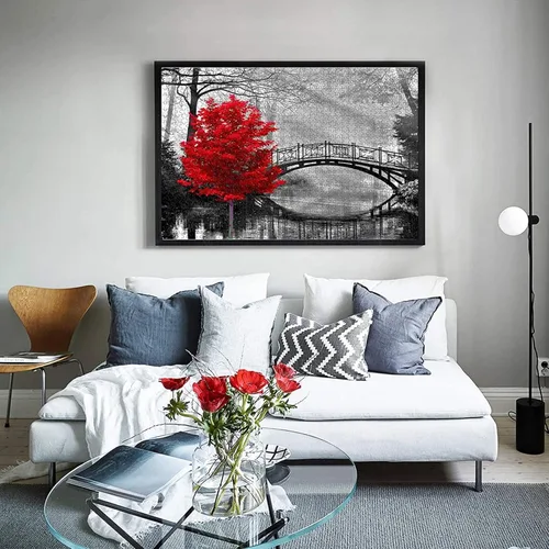 Miniatura 2 de Rompecabezas para adultos de 1000 piezas, puente blanco y negro y árbol rojo, rompecabezas de 1000 piezas para adultos, rompecabezas de obras