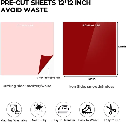 Miniatura 2 de Dysania Paquete de vinilo rojo de transferencia de calor – (12 x 12 pulgadas), vinilo HTV rojo, paquete de 10 vinilos para planchar para Silhouette