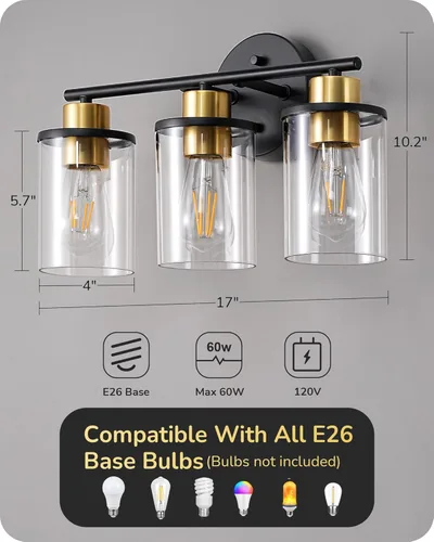 Miniatura 6 de EDISHINE Lámparas de baño, 3 luces de tocador de baño sobre el espejo, lámpara moderna de pared de baño con pantalla de vidrio transparente