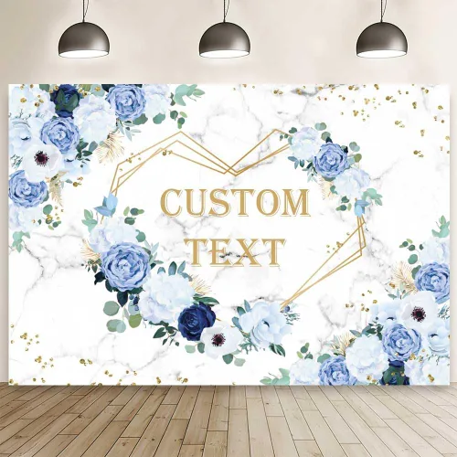 AIBIIN Telón de fondo personalizado de 7x5 pies Sr. y Sra. para boda, despedida de soltera, personalización, flores azules y blancas, fondo de