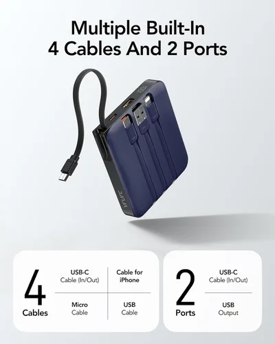 Miniatura 4 de VRURC Cargador portátil USB C para iPhone, banco de energía delgado de 10000 mAh con cables integrados, carga rápida de 22.5 W con pantalla LED