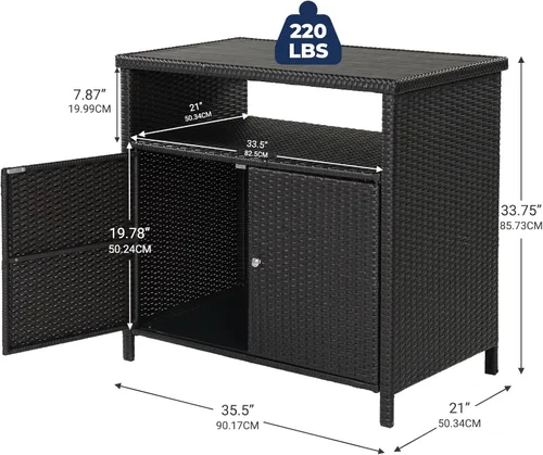 Miniatura 3 de Grand patio Gabinete de almacenamiento de mimbre al aire libre impermeable gabinete de buffet mesa de patio con dos puertas y estantes, aparador