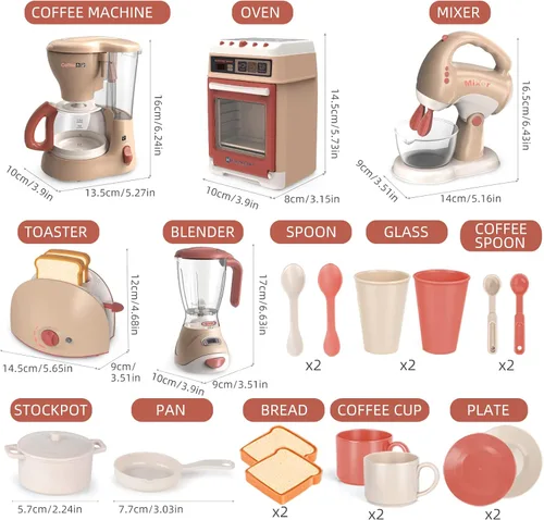 Miniatura 8 de Yalujumb Juego de juguetes de cocina, juego de electrodomésticos de cocina con cafetera, mezclador, tostadora con luces y sonidos realistas, regalo