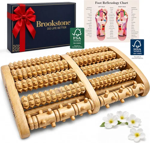 Brookstone Masajeador de pies para neuropatía y alivio de la fascitis plantar, masajeador de rodillo de madera para pies, alivio del dolor de Roble