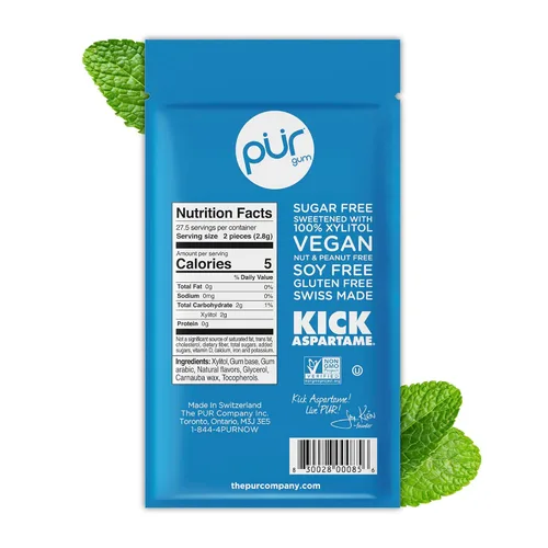 Miniatura 2 de PUR Gum Chicle sin Aspartame 100% Xilitol Chicle con sabor natural a menta piperita, 55 piezas (paquete de 1)
