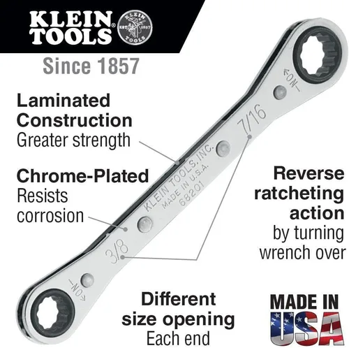 Miniatura 2 de Klein Tools 68205 Llave de caja de trinquete, fabricada en EE. UU., 11/16 pulgadas x 3/4 pulgadas con trinquete inverso y acabado cromado
