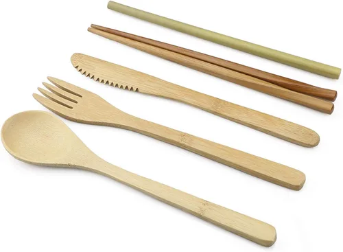 Miniatura 3 de JASHII Juego de cubiertos de bambú para viaje, incluye cuchillo reutilizable, tenedor, cuchara, palillos, popotes y cepillo (beige)
