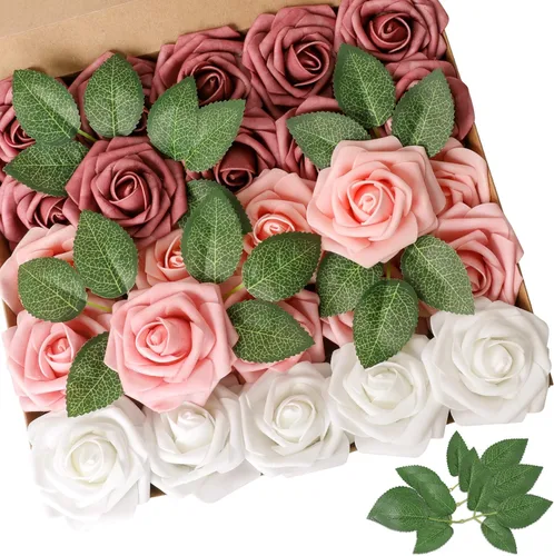 AmyHomie Flores artificiales rosas rojas, 25 rosas falsas de aspecto real con tallo para ramos de boda, centros de mesa, arreglos de fiesta, baby