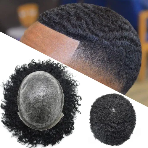 Afro Toupee Man - Unidad de cabello para hombres negros, inyección completa, piel de polietileno, cabello humano brasileño, rizado, afro, peluca 1#