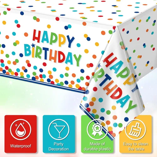 Miniatura 3 de Paquete de 3 manteles de plástico para decoración de cumpleaños, manteles desechables de lunares coloridos, mantel rectangular impermeable