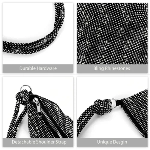 Miniatura 8 de Bolso de noche brillante con diamantes de imitación, bolso de mano plateado tipo clutch para mujeres, bolsos cruzados para fiesta, baile