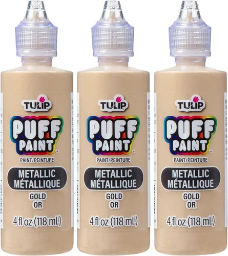 Pintura para tela Tulip Puff con acabado metálico, pintura permanente para manualidades para ropa, proyectos de bricolaje, no tóxica, 4 fl oz, 3 Oro