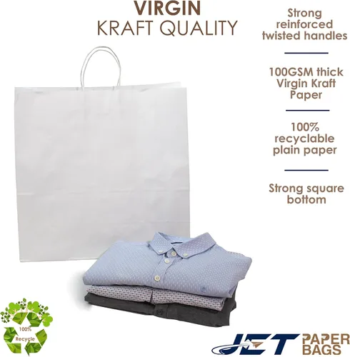Miniatura 4 de JET PAPER BAGS - Bolsas grandes de papel blanco con asas de 18 x 7 x 18 pulgadas [25 piezas] ideales para llevar, comestibles, golosinas, venta al