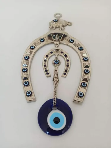 Miniatura 3 de Adorno colgante de pared de plata turca con elefante azul de ojo malvado - Amuleto de cuentas de Nazar turco - Protección para el hogar y dije