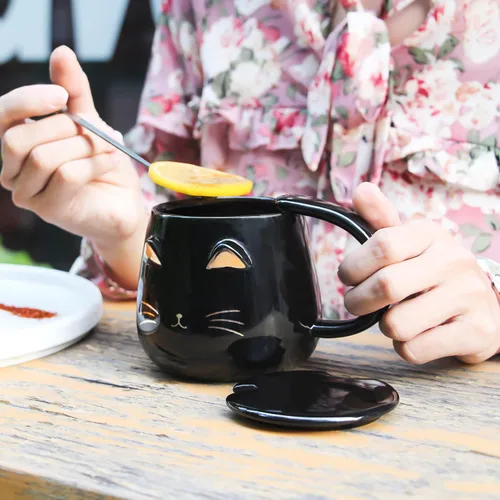 Miniatura 2 de Yuwu Taza de café con diseño de gato, regalo para los amantes de los gatos, taza de cerámica, taza novedosa con tapa y cuchara de acero inoxidable