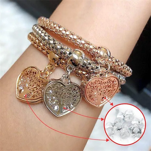 Miniatura 3 de 3 pulseras de cadena de palomitas de maíz de oroplataoro rosa - dije de edición de corazón con pulsera elástica de cristal para mujeres y niñas