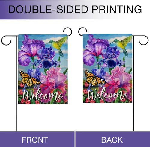 Miniatura 3 de Hzppyz Bandera de bienvenida para jardín de colibrí de primavera de doble cara, flor morada, pájaro amarillo, mariposa, decorativa, casa, patio