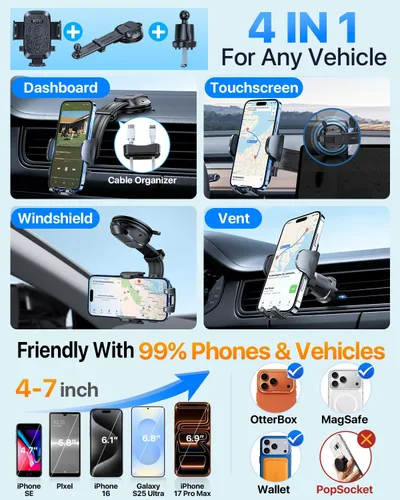 Miniatura 6 de HTU Soporte de teléfono de automóvil con succión más fuerte mejorado, brazo flexible, soporte giratorio para teléfono celular para salpicadero, Negro