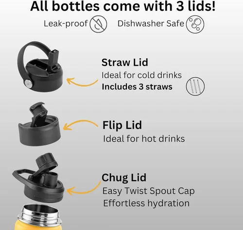 Miniatura 5 de Botella de agua aislada de 32 onzas, de acero inoxidable, botella a prueba de derrames con 3 tapas, sin BPA, aislada al vacío, mantiene las bebidas