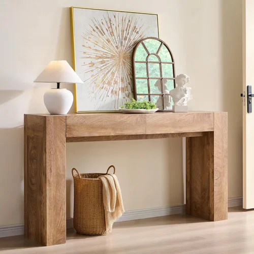 Miniatura 8 de OKD Moderna mesa consola de entrada, mesa de sofá con cajones, mesa de pasillo de 63 pulgadas de largo detrás del sofá, diseño de madera gruesa