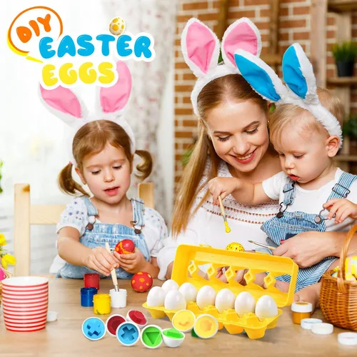 Miniatura 2 de CPSYUB Juguete de huevo a juego, 12 piezas para niños pequeños de 1 a 3 años, reconocimiento de forma y color de huevos de Pascua con cartón