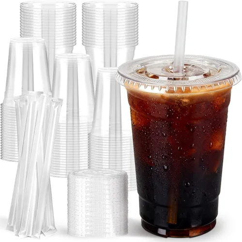 Paquete de 100 vasos de plástico transparente de 16 onzas con tapas y pajitas | Leak-Proof, Thick & Sturdy Clear PET Disposable To-Go Cups for Iced