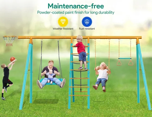 Miniatura 7 de Osoeri Juego de columpios 6 en 1 para patio trasero, juego de columpios de metal resistente para niños con 2 columpios, red de escalada, barra