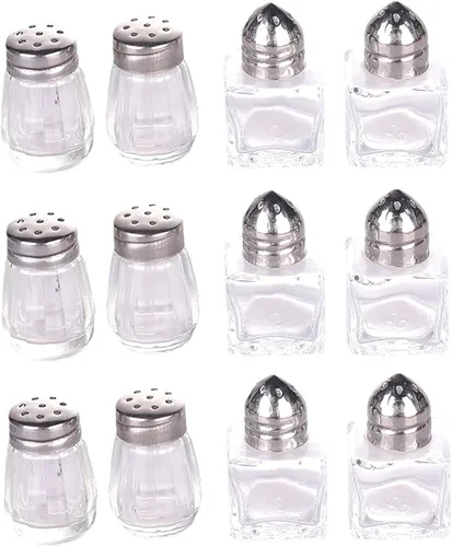 Paquete de 12 mini saleros de especias, sal y pimienta, especias, condimentos – Tapa de acero inoxidable y tarros de vidrio – Sostiene suministros