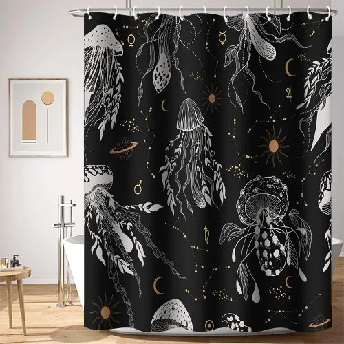 Miniatura 36 de Cortina de Ducha Floral Bohemia Negra Flores de Mediados de Siglo Botánica Moderna Elegante Estética Cortina de Ducha para Decoración de Baño