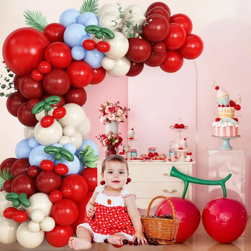 Miniatura 7 de Kit de arco de guirnalda de globos de cereza azul y rojo, globos largos para niñas, cumpleaños, ella es cereza en la parte superior, baby shower