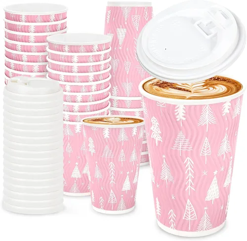 Miniatura 12 de JarThenaAMCS 100 tazas de café desechables de otoño con tapas, taza de papel de calabaza rosa naranja de 16 onzas, taza de papel de calabaza