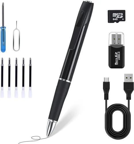 Mini bolígrafo de cámara oculta con tarjeta de memoria de 64 GB, cámara de niñera pequeña HD de 1080P, bolígrafo de seguridad recargable por USB