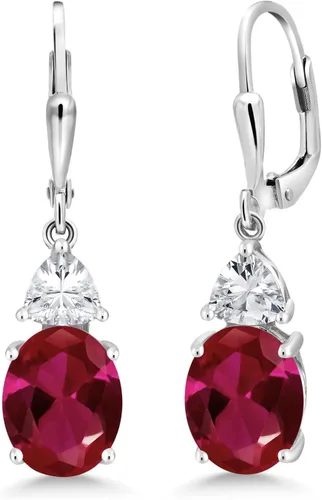 Miniatura 6 de Gem Stone King 4-6 Cttw Leverback Dangle Earrings For Women Gemstone Birthstone 925 Sterling Silver Oval 10X8MM Trillion 5MM Elegant Drop