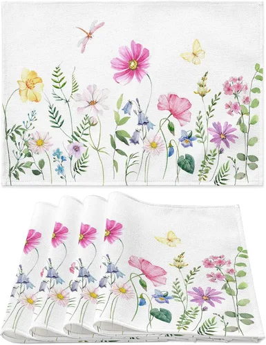 Miniatura 12 de Juego de 6 manteles individuales para primavera y verano, diseño floral, antideslizante, resistente al calor, tela de lino de algodón, cuadrados