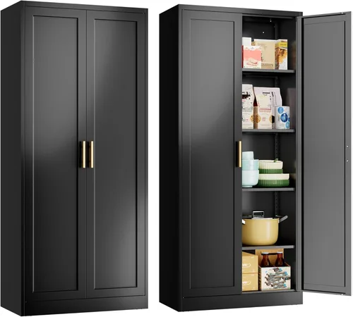 Gabinete de metal para despensa de cocina, 71 pulgadas de alto x 28 pulgadas de ancho x 14 pulgadas de profundidad con 2 puertas y 4 estantes Negro