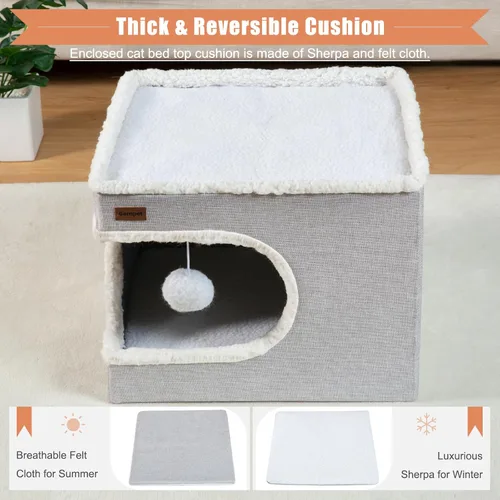 Miniatura 3 de Garnpet Cama para Gatos de Interior Casa Cubo, Camas de Cueva para Gatos Cubierta y Muebles con Almohadilla Rascadora y Tienda Refugio, Lindo Gris
