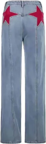 Pantalones de mezclilla para mujer, estilo vintage, pentagrama, bloque de color, estilo casual, pantalones de microlaboratorio, Y2K Fashion