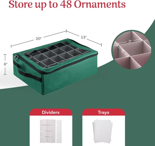 Miniatura 2 de Caja de almacenamiento para adornos - Organizador con cremallera con 48 compartimentos individuales y divisores para bombillas y decoraciones Verde