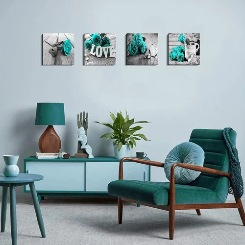Miniatura 2 de Arte de pared de flores de rosa turquesa y verde azulado para el baño, decoración de pared floral turquesa, señal de amor en blanco y negro, Rosa