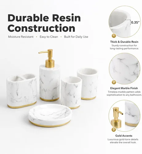 Miniatura 3 de Juego de accesorios de baño de 5 piezas, juego de baño de resina de mármol con dispensador de jabón, soporte para cepillos de dientes, jabonera