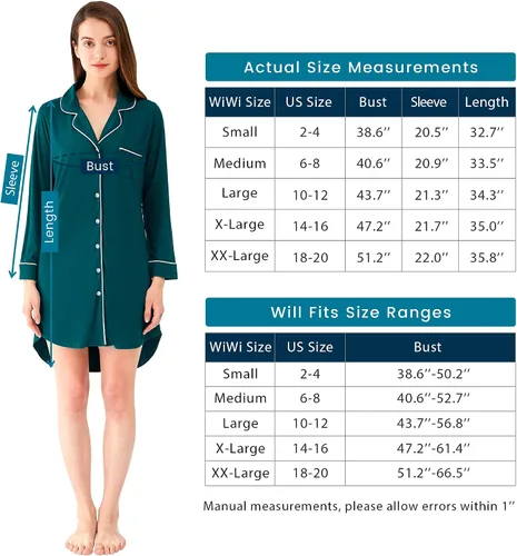 Miniatura 6 de WiWi Camisones para mujer, viscosa de bambú, suave, manga larga, camisa de dormir S-XXL