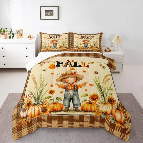 Miniatura 33 de Erosebridal Juego de edredón individual de pavo de Acción de Gracias, juego de ropa de cama de calabaza con hojas de otoño para niños y adultos