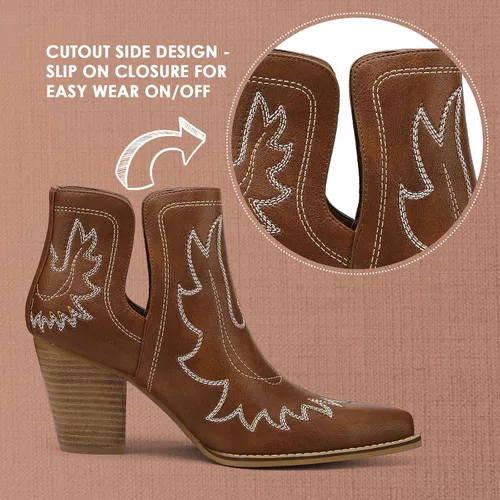 Miniatura 5 de Botas vaqueras para mujer, con puntera puntiaguda, bordadas, sin botones, botas vaqueras con tacón grueso, botines occidentales