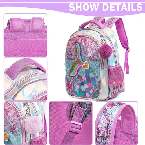 Miniatura 15 de Mochila para niñas de 16 pulgadas, mochilas para niñas para la escuela, mochila de lentejuelas con lonchera para estudiantes de primaria