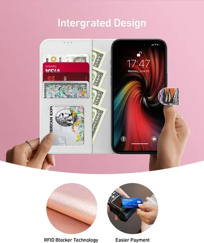 Miniatura 2 de DEENAKIN Funda tipo cartera para iPhone 15 con tarjetero + clip para efectivo, bloqueo RFID, protección contra caídas de grado militar y obras