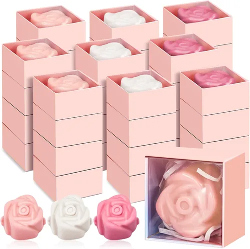 Loopeer 50 piezas de jabón de rosas para boda, despedida de soltera, mini jabón perfumado en forma de flor, regalo de invitados a granel con caja