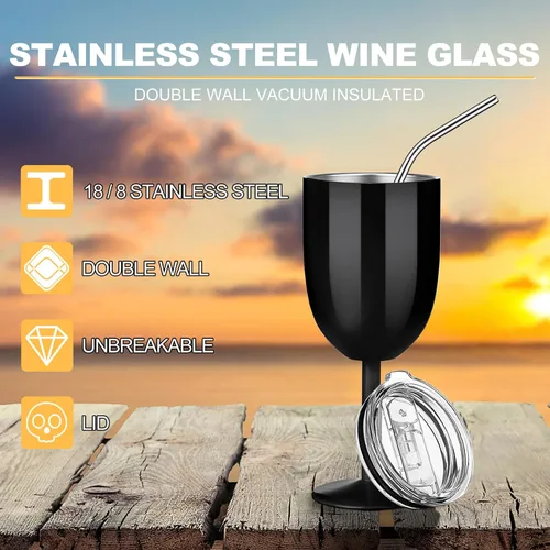 Miniatura 3 de Geiserailie - Paquete de 3 copas de vino de acero inoxidable de 10 onzas con tapa y pajilla, vaso de vino con aislamiento de doble pared con cepillo