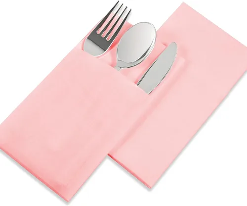 Miniatura 3 de Servilletas desechables de color rosa, paquete de 50 servilletas de papel de tacto de lino con bolsillo integrado para cubiertos, tela preplegada
