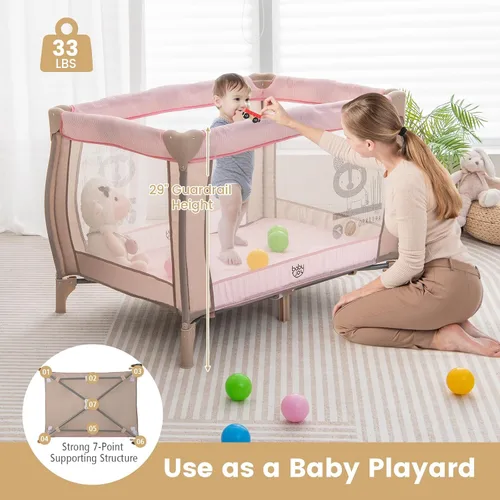 Miniatura 9 de Costzon 3 en 1 Rosa Pack and Play con Moisés, Corralito Portátil para Bebé con Mesa Cambiadora, Caja de Música, Juguetes Giratorios, Ruedas/Freno
