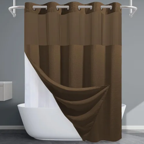 Miniatura 25 de EUTXL Cortina de ducha beige sin gancho con forro a presión, cortinas de ducha de tejido gofre de 230 GSM para baño, 54 pulgadas de ancho x 80